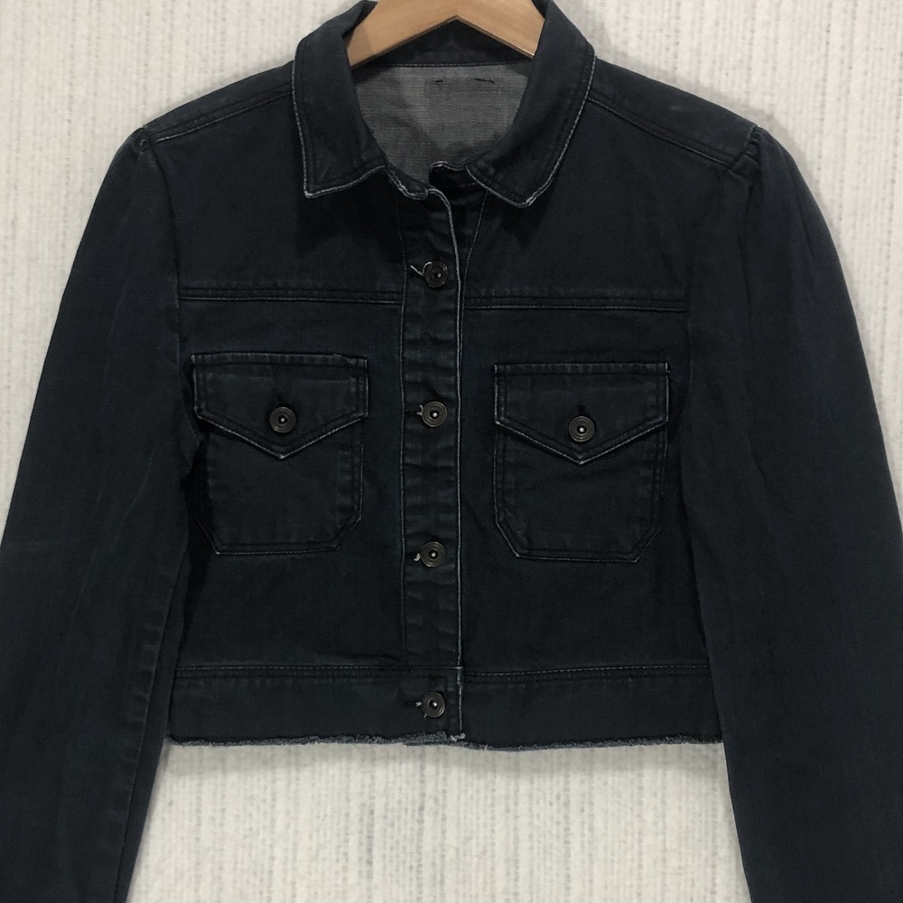 Black Cropped Denim Jacket Raw Hem Puff Sleeve Button Up Dark Wash